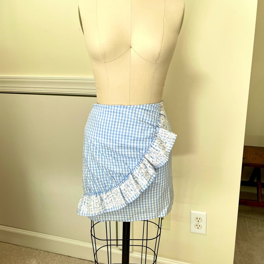 Blue Plaid Skirt with Embroidered Ruffle Detail